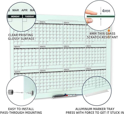 TSJ OFFICE Glass Calendar Whiteboard - 48 x 36 Inches Wall Mounted Dry Erase Yearly Planner for Wall, Large Magnetic Glass White Board for Office, Home & School