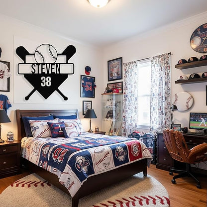 Personalized Baseball Metal Sign Custom Name & Number Sign Baseball Player Gift Boys Room Decor Softball Lover Present Sports Wall Art Decor Gift for Girls, Team, Dad, Man, Woman