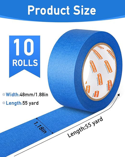 KIWIHUB 10 Rolls Painters Tape 2 inch Wide, Blue Painters Tape Bulk, Blue Masking Tape for Multi Purpose, Wall Painting, Home Improvement, DIY Crafts, 1.88 Inch x 550 Yards