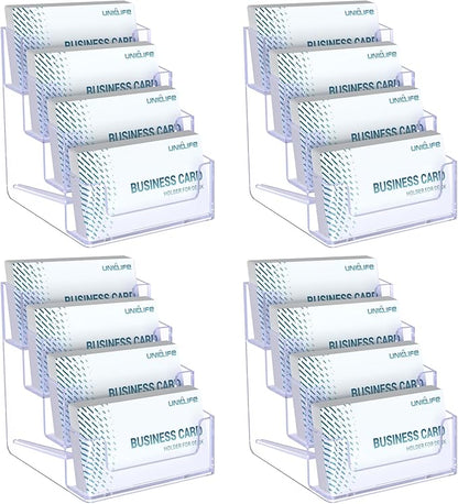 Uniclife 4 Pack Acrylic Business Card Holder for Desk 4 Slots Clear Business Card Display Stand for Men & Women Desktop Business Card Organizer Card Stand for Office Home Exhibition, 240 Card Capacity
