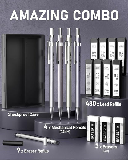 Metal Mechanical Pencil Set, Break-Resistant 0.9mm 4-Pack with Storage Case | 480 Leads, 3 Erasers+9 Refills, For School Writing, Sketching, Art Drawing & Professional Drafting