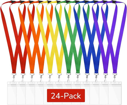 24-Pack Rainbow Breakaway Lanyards with Waterproof Badge Holders, Polyester Neck Straps for ID Cards, Events, Office, and Schools