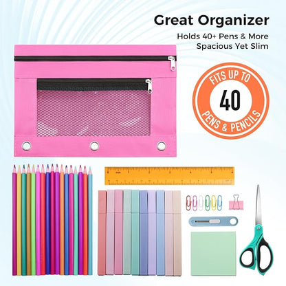 Pencil Pouch for 3 Ring Binder, Pencil Case Bag with Zipper, 600D Fabric Pencil Pouch Holder Accessories, Clear Window Pencil Case Aesthetic Back to School Organizer Pockets for Boy Girl (Pink)