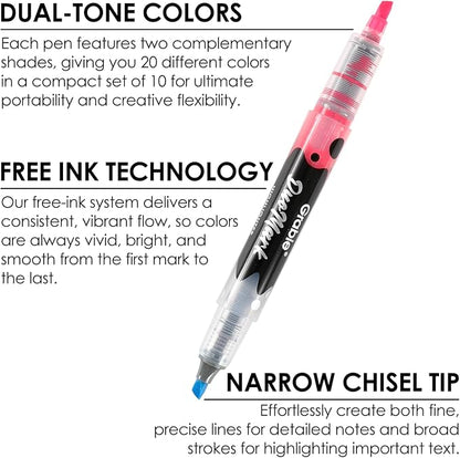 Grabie 20 Dual Tip Colors Highlighters, DuoMark Highlighter Set of 10, Dual Tone Highlighters Assorted Colors, Versatile Chisel Tip, Highlighter Markers, Note-taking