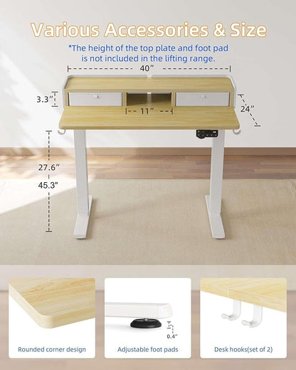 YIHAYO Electric Standing Desk with Drawers, 40 x 24 Inches Adjustable Desk with Storage Shelf, Stand Up Desk with Splice Board, Computer Table for Home Office, White Frame/Natural Top