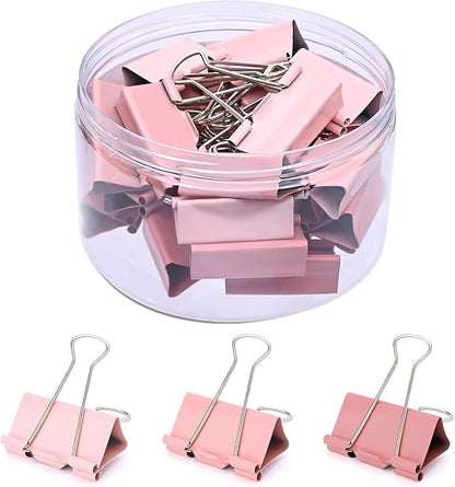 Temiary Aesthetic Binder Clips, Large Metal Binder Clip with Clear Storage Container, Binding Paperwork Clamps for School Teachers Office Supplies (Pink 1.6 Inch, 24P)