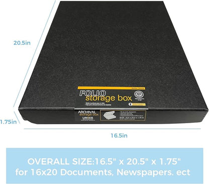 Lineco, Archival Folio Storage Box. Acid-Free, Metal Edge Boxboard, Clamshell Lid. 16 x 20 x 1.75 Inches. Preserves and Organize, Stores Photos, Documents, Craft, Prints, DIY. Black, Pack of 2