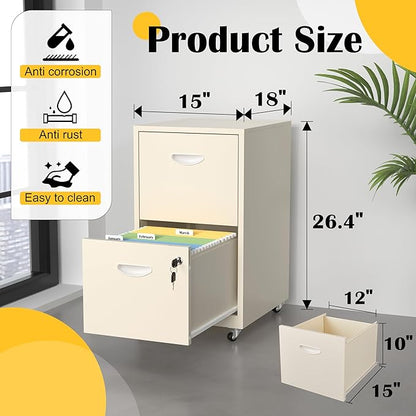 SteeLoong 2 Drawer File Cabinet with Lock，Cream Rolling File Cabinet for Home Office, Metal Small Mobile Filing Cabinets on Wheels for Hanging Letter