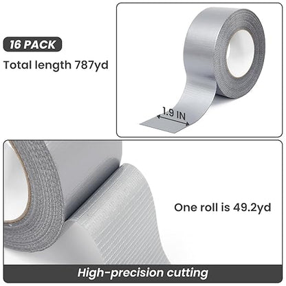 TOMAIX 16 Rolls Heavy Duty Duct Tape Bulk, 787 Yards, Gray Cloth Tape, Waterproof & Strong Adhesion for Repair, DIY, Home & Outdoor Use