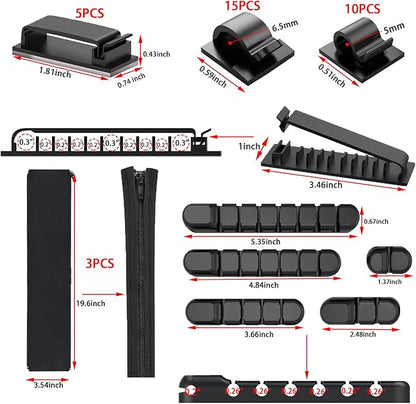 189PCS Cable Management Kit, 6 Cable Sleeve40 Cable Clips with 11Cord Holders, 2 Roll Self Tie, 10 Self Adhesive Cord Organizer, 100 Fastening Cable Ties,10 Cable Zip Tie Mounts
