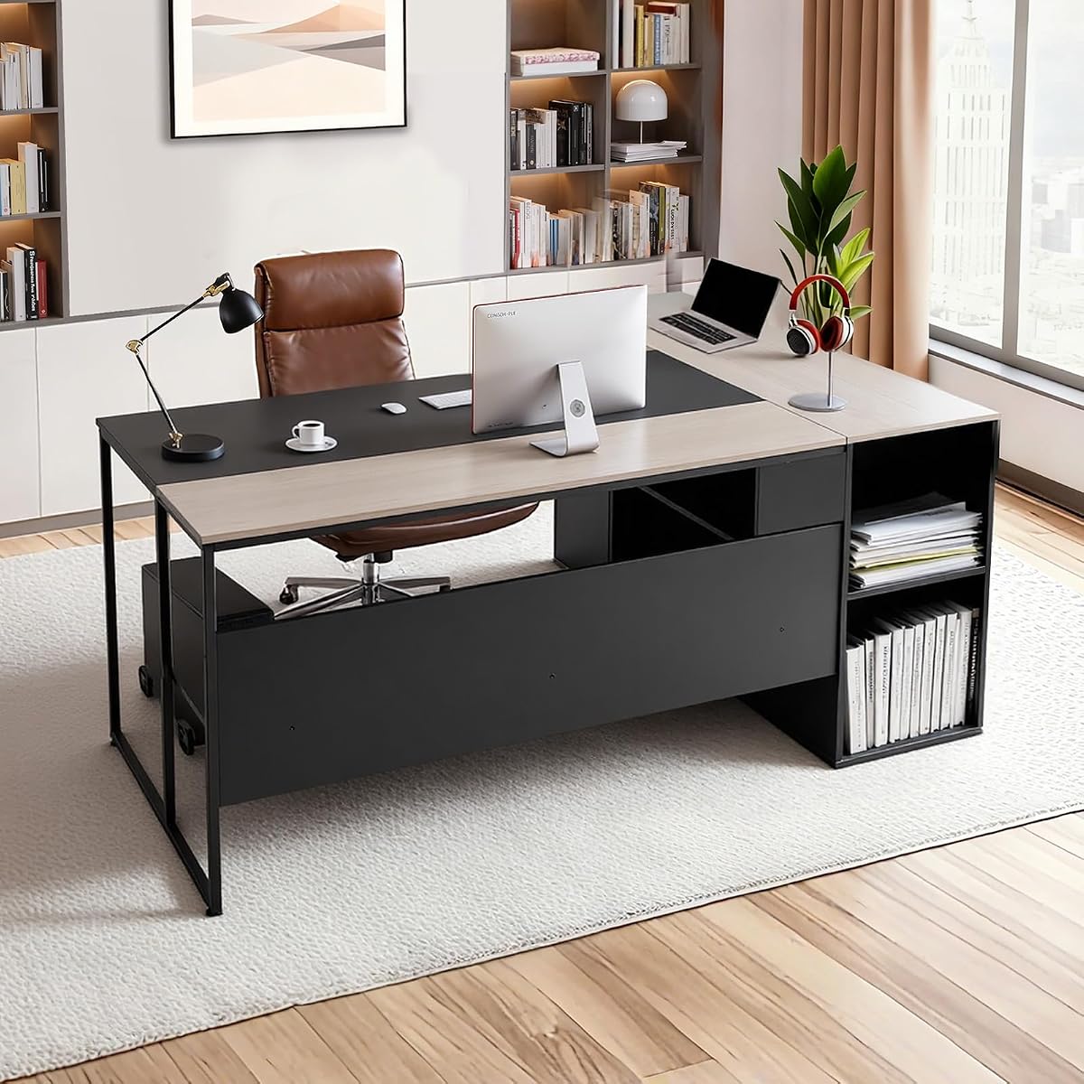 71" L-Shaped Executive Desk, Large Computer Desk with Drawers, File Storage Cabinet, CPU Stand, 350 LBS Load Capacity Corner Table, Easy Assembly, for Work Study