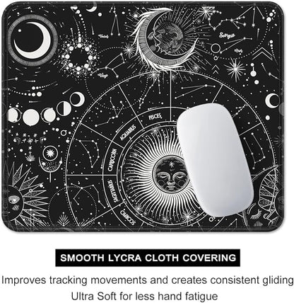 Auhoahsil Mouse Pad, 12 x 10 in Tarot Style Sun Moon Computer Mouse Pad for Desk, Premium-Textured Non-Slip Rubber Stitched Edges Waterproof Square Mouse Mat for Gaming Work Wireless Mice, Black