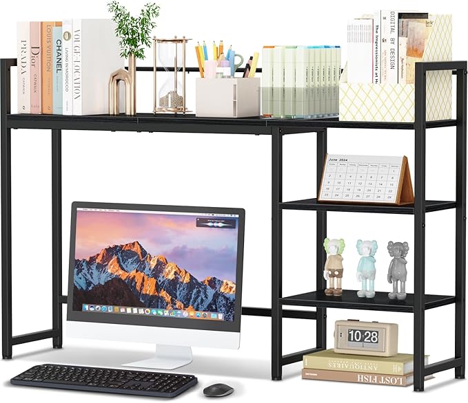 Snughome Desk Shelf, 44.9" Large Desktop Organizer Shelf, Desk Hutch for Monitor, 4 Tier Display Rack, Wooden Desktop Bookshelf Storage Rack for Home Office Dorm