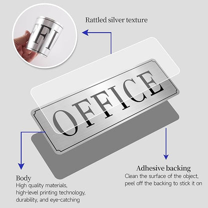 The Office Door Sign for Home and Business，Self-Adhesive Waterproof and Fade-Resistant Modern Brushed Silver Office Sign Sticker for House，Business，Door, Window（Silver）