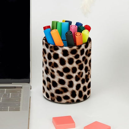 Leopard Print Leather Pen Holder for Desk, Multifunctional Desktop Organizer Pencil Cup, Desktop Caddy Stationery Organizer for School Home Office Desk Accessories