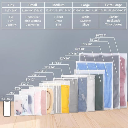 Svaldo Frosted Poly Plastic Bags - 200 Pack 14x16" Storage Clothes Zipper Packaging Bags, 3 Mil Clear Thick Ziplock for T-Shirts, Garment Packaging, Shipping, Mailing, Travel, Closet Organizer
