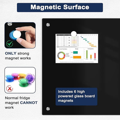 Black Dry Erase Board, 24" x 18" Magnetic Glass Whiteboard for Wall, Black Glass White Board with 1 Marker Tray and 3 Magnets for Office, Home, Classroom