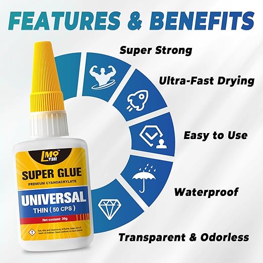 Super Glue Clear 60 Gram Liquid, All Purpose Superglue Instant Cyanoacrylate Adhesive for Plastic Ceramic Wood Leather Rubber Metal Glass Pla Shoe Sole Repair, Heavy Duty CA Oily Glue Strong Bonding