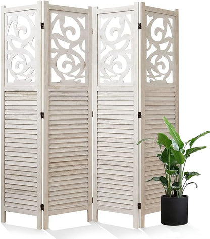 Room Divider Wood Carved Wall Divider Indoor Folding Portable Partition Screen for Home Office Garden Terrace - 4 Panel, 67 * 60inch (White)