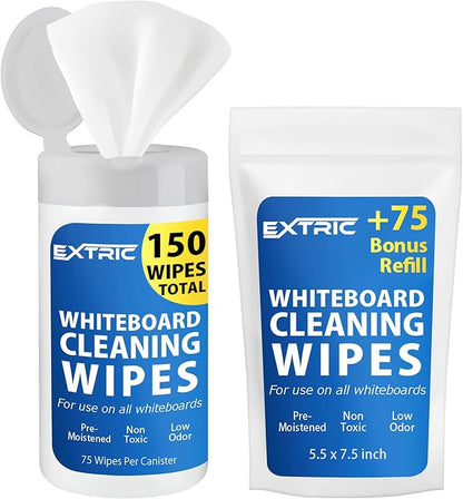 EXTRIC Whiteboard Cleaning Wipes, 150 Count Dry Erase Wipes Pre-Moistened, Non-Toxic, Low Odor White Board Cleaner 75 Per Canister + 75 Refill Pack Ideal for Classroom, School, Office