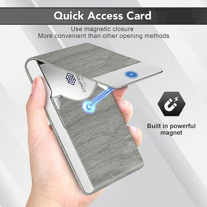 Business Card Holder with Ultra Slim Design, Business Card Case with Premium PU Leather, Suit Pocket Metal Card Holder for Women/Men, Magnetic Closure Quick Access Cards