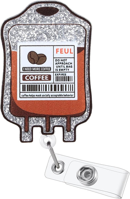 Funny Coffee Fuel Nurse Badge Reel, Cute Coffee IV Bag Retractable ID Card Medical Badge Holder, Name Tag Badge Buddy for RN CNA LPN MA Night Shift Nurse Nursing Student Doctor Medical Social Workers