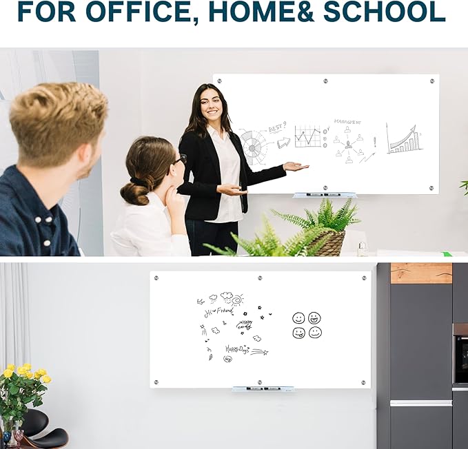 J&J worldwide Magnetic Glass Whiteboard 6' x 4' Ultra White, Large Frameless White Boards for Walls 72 x 48 Inches, Large Dry Erase Board for Office, Home, School