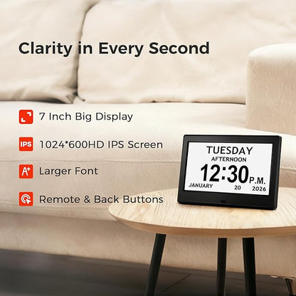 7'' Digital Clock, Dementia Clock With Date And Time, 10 Reminders, 6 Alarms, Auto-Dimming, Auto DST, Remote Control, Large Display Alarm Clock For Seniors, Gifts For People With Dementia, Alzheimers