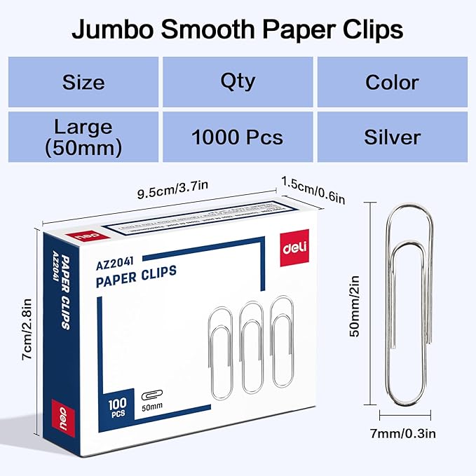 Deli Jumbo Paper Clips Smooth, 1000 Large Paper Clips, 10 Boxes of 100 Each, Silver