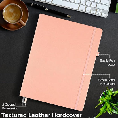Lined Journal Notebook, 8.5" x 11" Hardcover Leather Notebook for Work, Wide Ruled Notebook Journal for Women Men, 192 Thick Paper, Lay Flat, 2 Pockets, A4 Large Journals for Writing, Pink Notebook