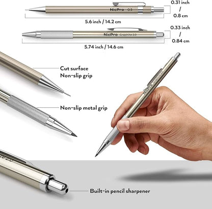 Nicpro 33PCS Metal Mechanical Pencil Set in Leather Case, Art Drafting Pencil 0.3, 0.5, 0.7, 0.9 mm, 2mm Lead Pencil Holders for Sketching Drawing With 18 Tube (6B 4B 2B HB 2H 4H Colors) Lead Refills