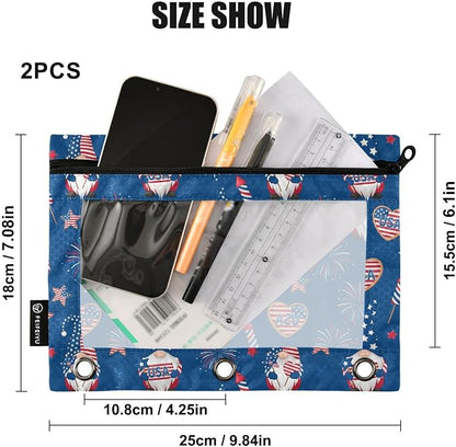 Emelivor Gnome 4th July Pencil Pouch for 3 Ring Binder 2 Pcs Binder Pouches with Zipper Pocket Pencil Case Bag with Clear Window for College Office Daily Supplies