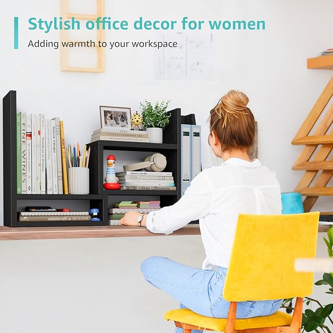 Desktop File Organizer Desk Organizer Shelf - Black Office Organization Shelves for Top of Desk Organizers and Accessories Corner Bookshelf Table Top Shelving Small Hutch Decorations for Women Office