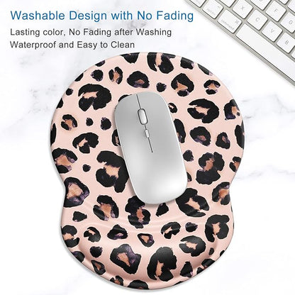 ITNRSIIET Ergonomic Mouse Pad with Gel Wrist Support Small Wrist Rest Smooth Surface Non-Slip PU Base Comfortable Office Supplies Pain Relief, 8.7 x 7.2 inches, Leopard Black Purple