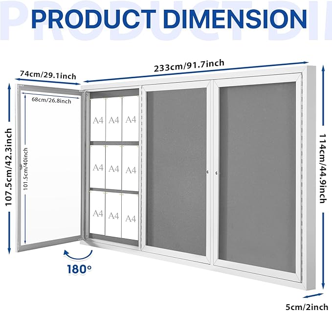 SWANCROWN Outdoor Bulletin Board 94x48in, Enclosed Bulletin Board with Locking Door for Office School Commerce, Grey Felt, Sliver Aluminum Frame