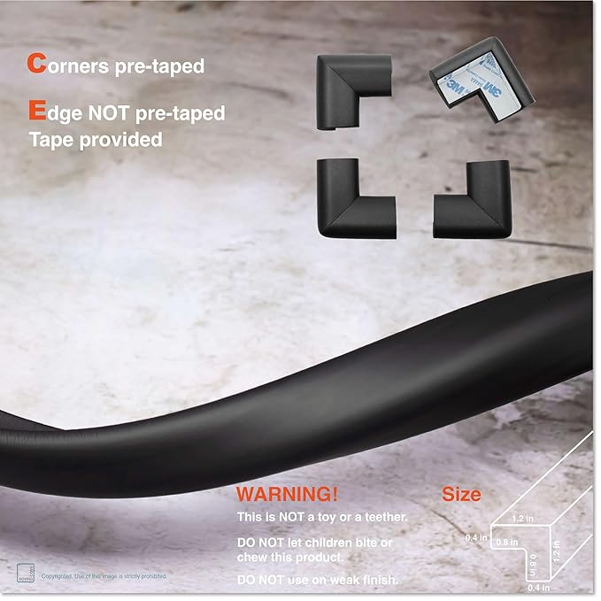 Roving Cove HeftyFit Edge Corner Protector Baby Proofing (Large 15ft Edge 4 Corners), Heavy-Duty, Soft NBR Rubber Foam, Furniture Fireplace Safety Bumper Guard, 3M Adhesive, Onyx Black