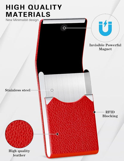 Padike Leather Business Card Holder for Women Leather Stainless Steel Business Card Case with Magnetic Shut (Red)