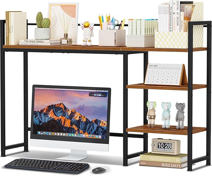 Snughome Desk Shelf, 44.9" Large Desktop Organizer Shelf, Desk Hutch for Computer Monitor, 4 Tier Desk Top Display Rack, Wood Desktop Bookshelf Storage Rack for Home Office Dorm