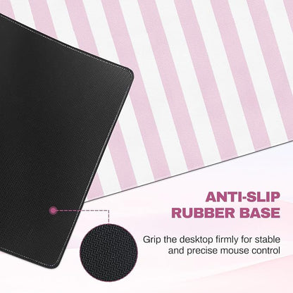 Pink Striped Desk Mat Cute Large Mouse Pad Kawaii Extended PU Leather Mat for Home Office Desk Decor for Women Cozy Gaming Keyboard Pad 35.4 X 15.7inch