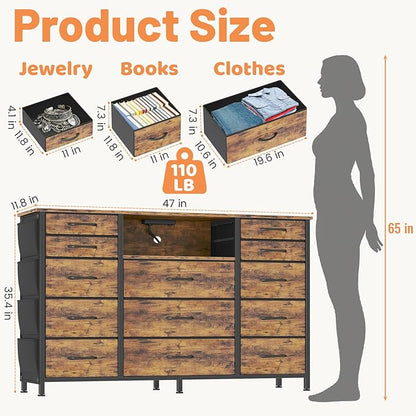 HCHQHS 47 Inch Dresser for Bedroom with 13 Drawers,Side Pockets Hooks and Lights with Remote Control,Hallway,Closet,Kitchen,Large TV Stand (Rustic Brown)