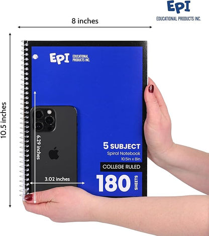 EPI Spiral Notebook | 5 Subject - College Ruled - 180 Sheets, Durable Spiral Binding | 10.5 x 8 in | Classroom Supplies | School, Office, Note Taking, Journaling - 24 Pack