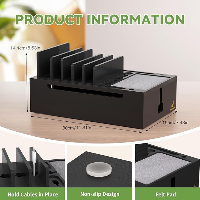Pezin & Hulin Bamboo Charging Station for Multiple Devices, USB Charger Dock Organizer, with Power Supply (10 Ports HUB), 6 Cables, Cable Management Organizer for Cell Phones, Tablets -Black
