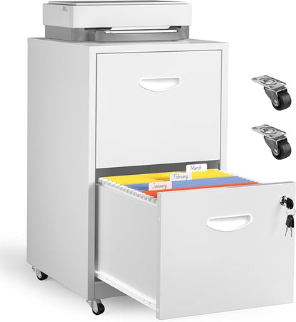 Kubohogar 2 Drawer Mobile File Cabinet with Lock, White Metal Filing Cabinets with Wheels, Vertical Rolling File Cabinet Fit Hanging Files, Letter and A4 Documents
