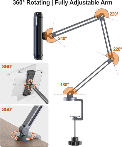 YICOSUN Tablet Arm Mount with Super Grip, Adjustable Foldable Holder & Heavy Duty Aluminum 360° Rotating Clamp for iPad, Phone, Monitor, Kindle - Universal for Desk, Bed, Kitchen - Gray