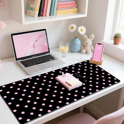 Pink Polka Dot Leather Desk Mat Extended Gaming Mouse Pad | Non-slip Large Writing Pad Laptop Blotter Computer Keyboard Mat | Cute Black Desk Protector for Home Office 27.6" x 13.8"