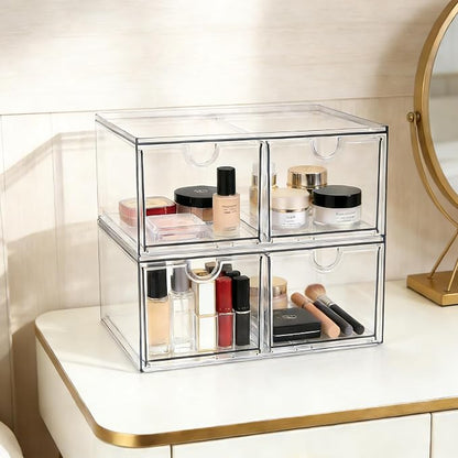Prsildan Acrylic Storage Drawers Clear Makeup Organizer with 4 Drawers | Transparent, Stackable, For Vanity Bathroom Kitchen Cabinets Office Desk Undersink, Cosmetics Toiletries Home Small Items