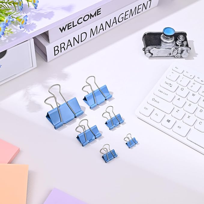 Temiary Aesthetic Binder Clips, Large Metal Binder Clip with Clear Storage Container, Binding Paperwork Clamps for School Teachers Office Supplies (Blue 1.6 Inch, 24P)