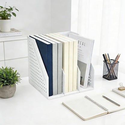 SAYEEC 1Pcs Collapsible Plastic Magazine File Holder Vertical Binder Storage Organizer for Desk Sturdy Upright Desktop Magazine Organizer Folder Rack for Office School Home (3 Compartments, Gray)