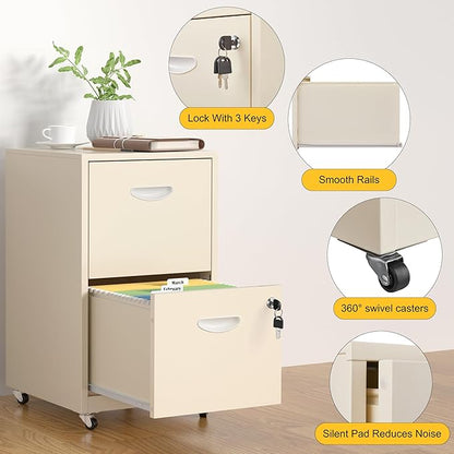 SteeLoong 2 Drawer File Cabinet with Lock，Cream Rolling File Cabinet for Home Office, Metal Small Mobile Filing Cabinets on Wheels for Hanging Letter
