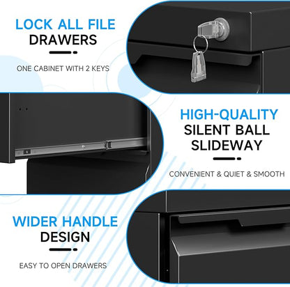 Bestoo 3-Drawer Mobile File Cabinet with Lock, Metal Filing Cabinet on Wheels for Home Office Under Desk, Fits File Folders, Letter/Legal/F4/A4 Size, Assembly Required (Black)